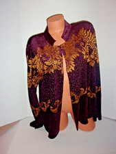Chico's Travelers Ribbed Wine Velour-Gold Design Open Front Burn-Out Jacket Sz 2
