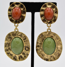 Vintage Cabochon Clip Earrings Antiqued Gold Burnt Rust Green Chunky 80s BinA13