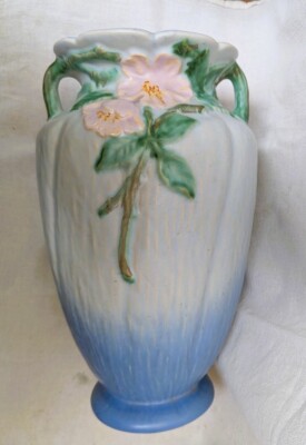 1930s WELLER Pottery ROBA Floor VASE 12.5'' Wild Rose Decor Twig Handles
