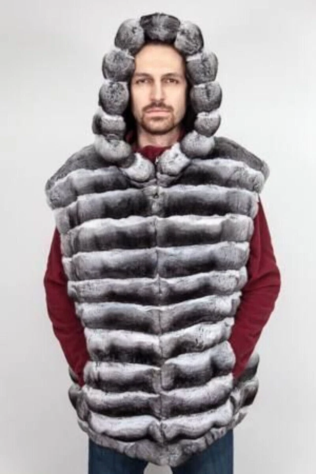 Natural Men Real Rex Rabbit Fur Vest Chinchilla Hood Waistcoat Winter Warm Gilet - Image 2 of 4