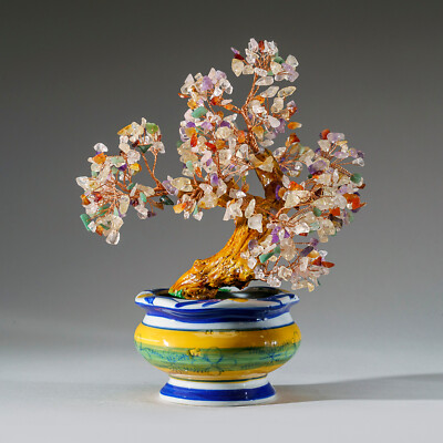 Genuine Multi Gemstone Bonsai Tree in Round Ceramic Pot (8.5 )