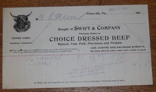 Antique 1904 Billhead Receipt - Swift & Co. Choice Dressed Beef - Pottsville  PA