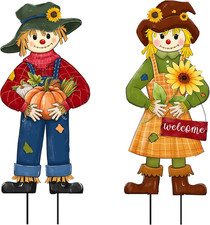 Fall Scarecrow Boy Girl Metal Yard Signs with Stakes, Set of 2