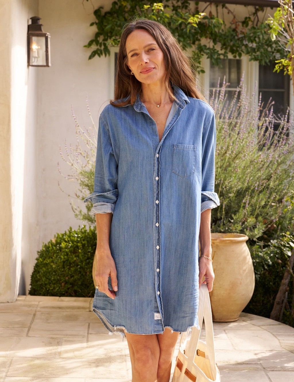 Frank & Eileen Mary Denim Shirtdress XL Italian Cotton Frayed Hem Made USA