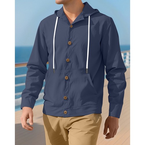 Mens Long Sleeve Linen Hooded Shirt Vintage Style Loose Casual Button Cardigan - Picture 21 of 49