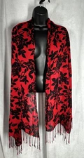 Lightweight Rectangular Scarf India Fringe Red/Black Floral 68" w/o fringe x 20"