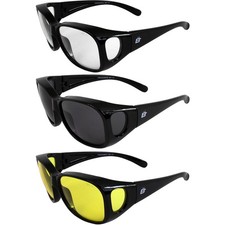 3 Pairs of Birdz Eyewear Peacock Fit-Over Black Frame Clear Smoke  Yellow Lens