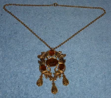 Vtg Ornate Victorian Style Brass Amber Glass Pendant Dangle Brooch Pin Necklace