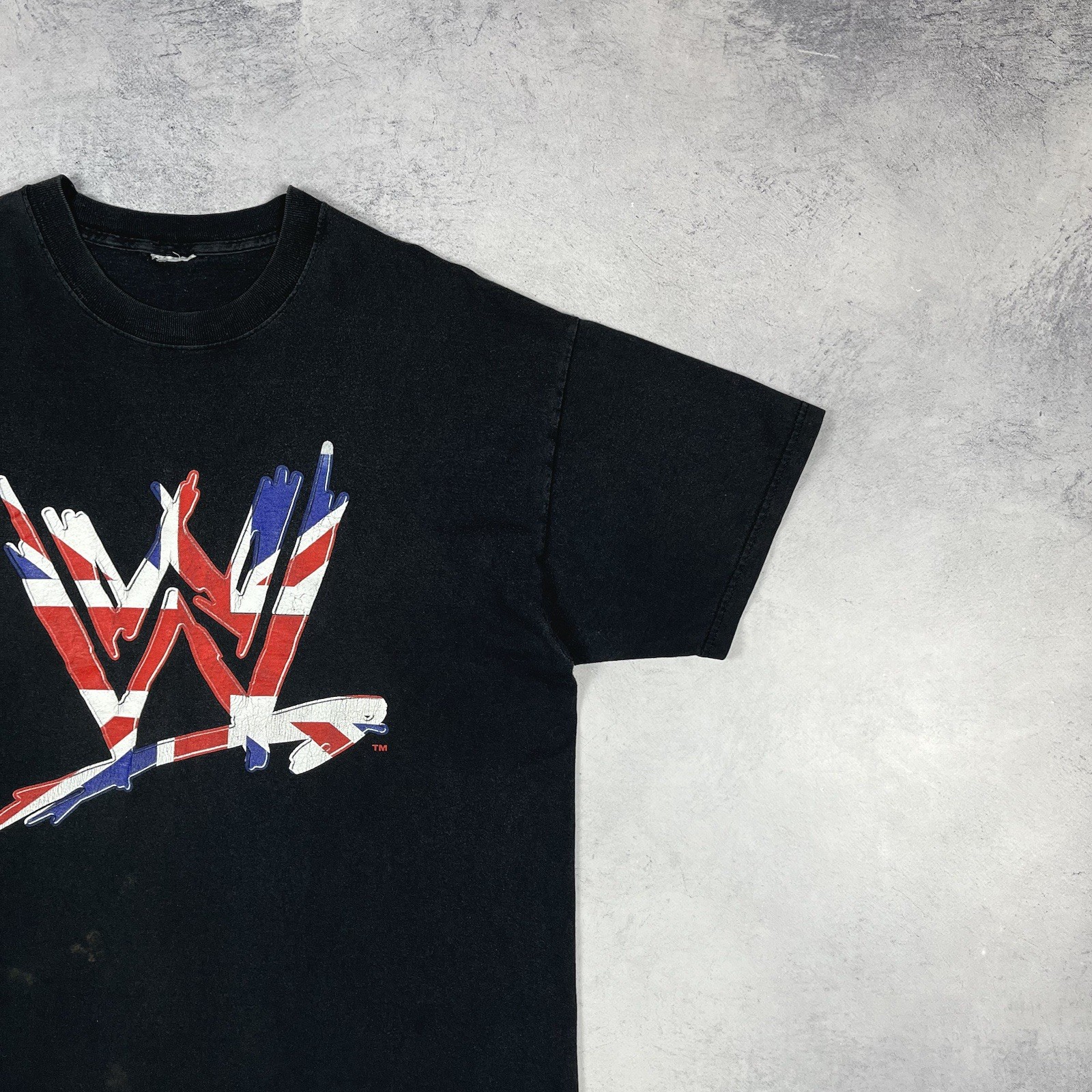 Vintage Wrestlemania WWE Big Logo Short Sleeve T Shirt 00’s Size XL Faded Black image 4