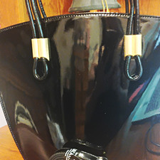 Glossy Black Satchel Top Handle Bag, Zip, Detachable Strap, Gold