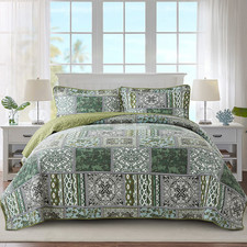Newlake Cotton Bedspread Quilt Sets-Reversible Patchwork Coverlet Set Green