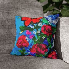 Red Floral Pattern Pillowcase Square Pillowcase  Bright Blue Background