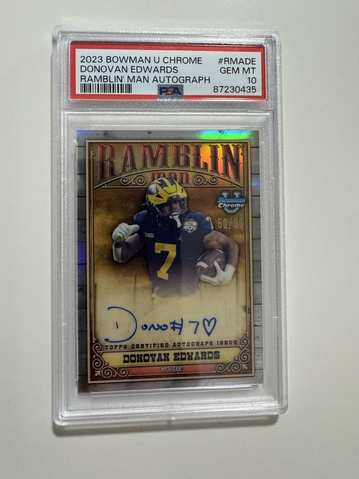 Donovan Edwards 2023 Bowman U Chrome Ramblin Man Auto /99 PSA10 Michigan