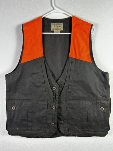 LL Bean Waxed Hunting Vest Large Brown Blaze Orange Field Game Utility