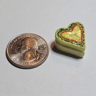 Vintage French Feve Ceramic Heart Trinket Box Hand Painted 3/4'' Epiphany Cake