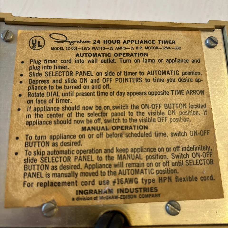 Temporizador aparato 24 horas vintage INGRAHAM resistente modelo 12-001 1875 vatios Foto 2 de 4