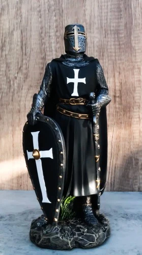 Ebros Black Cloaked Crusader Knight Of The Cross with Sword Shield Statue 11.5"H