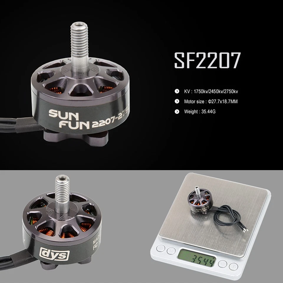 DYS SUN FUN 2207 1750KV 2450KV 2750KV CW Rosca para RC FPV Drone Motor Sin Escobillas Foto 2 de 4