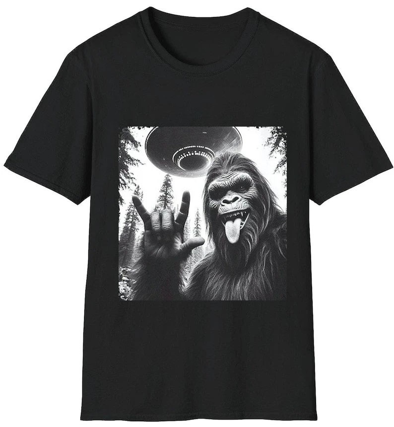 Bigfoot UFO Selfie Rock On Graphic T-Shirt Men's Funny Alien Camping Tee