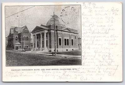 1906 Eastern Townships Bank & Post Office Coaticook Quebec Canada Postcard