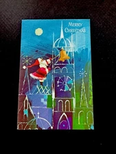 1 VTG NOS Norcross Xmas Greeting Card Adorable Santa Chiming Tower Holiday Bell