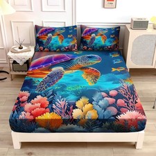 Coastal Bedding Turtle Fitted Sheet Set Twin Size,Undersea World Fitted Sheet...