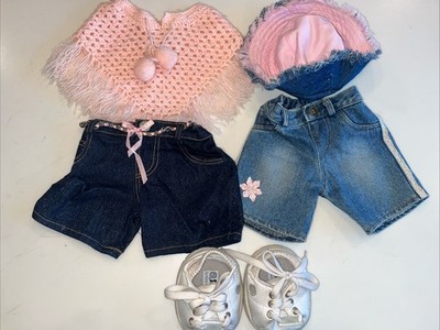 Build-A-Bear Clothing Lot Pink Poncho Blue Jean Shorts Reversible Hat Skechers