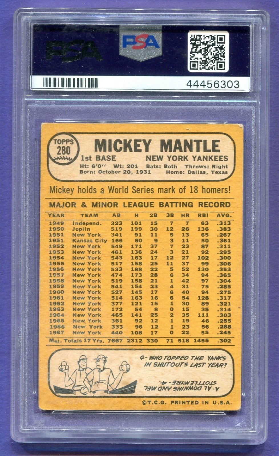 1968 Topps - Mickey Mantle #280 PSA 2 GOOD. NEW YORK YANKEES HOF. CHECK SCANS  view 2