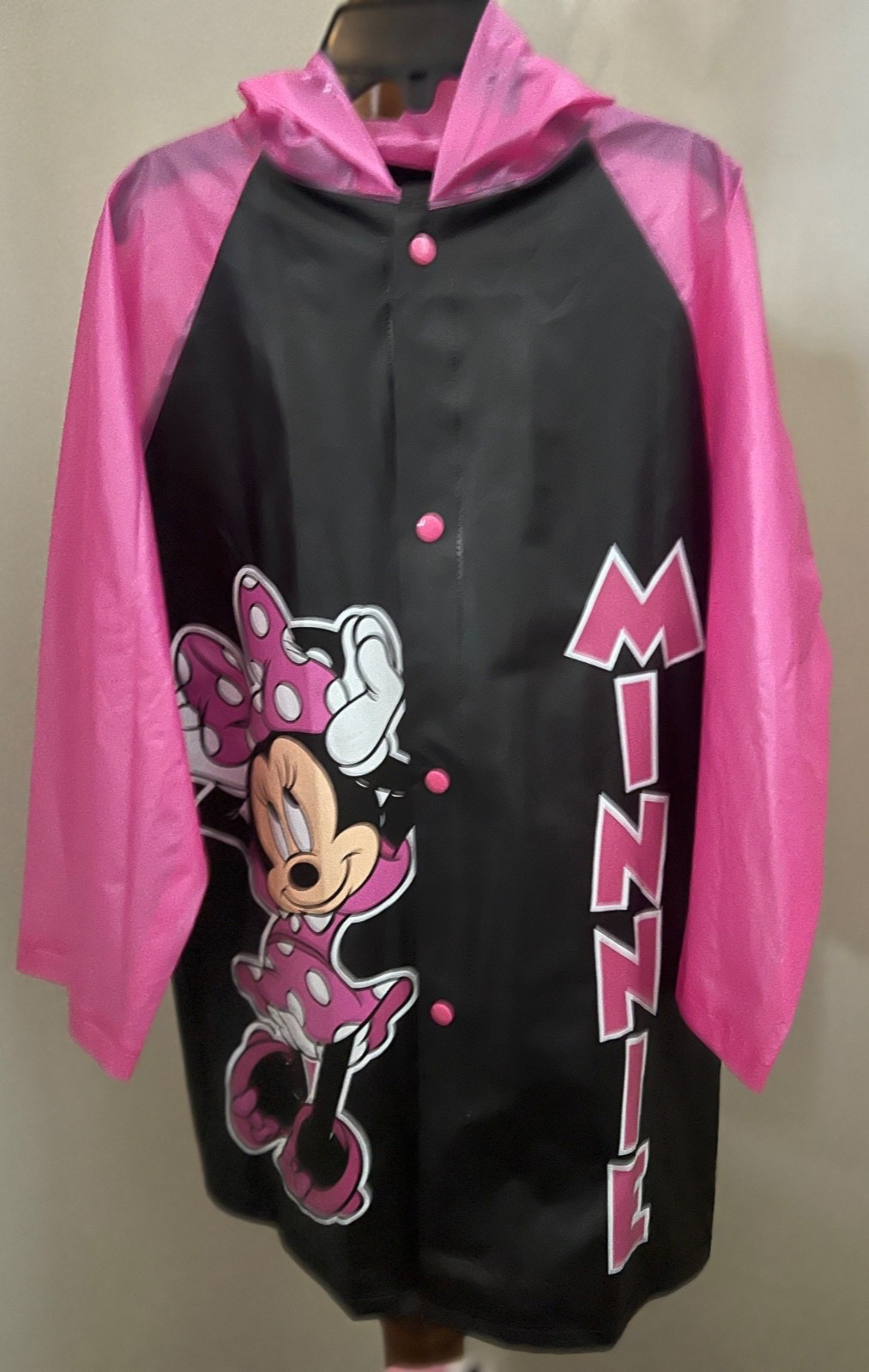 NWT Minnie Mouse Disney Rain Jacket Girls 8 10 12 MEDIUM 32” Hood Snap Packable