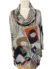 Inoah Pullover Womens One Size Gray Abstract Cat Art Print Cowl Neck Top USA