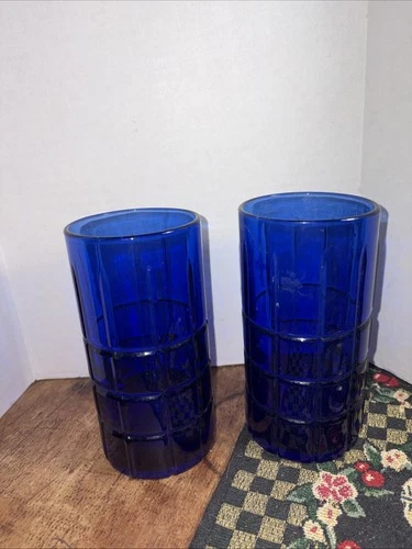 Vintage Anchor Hocking Cobalt Tartan Tumblers Set Of Two 6”