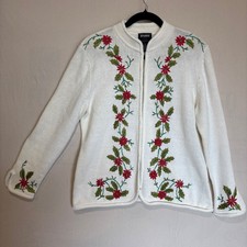 Vintage Christmas Holiday Cardigan Sweater Designers Originals White Poinsettias