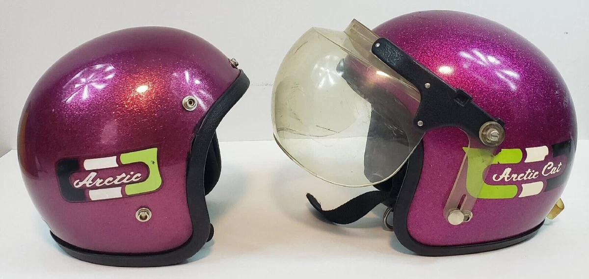 2 Vintage Arctic Cat Snowmobile Helmets Purple Flake Display