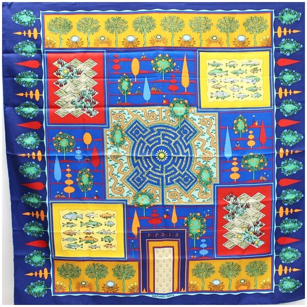 HERMES Scarf Shawl Carre 90 Blue Multicolor PARIDAIZA Silk Fish 