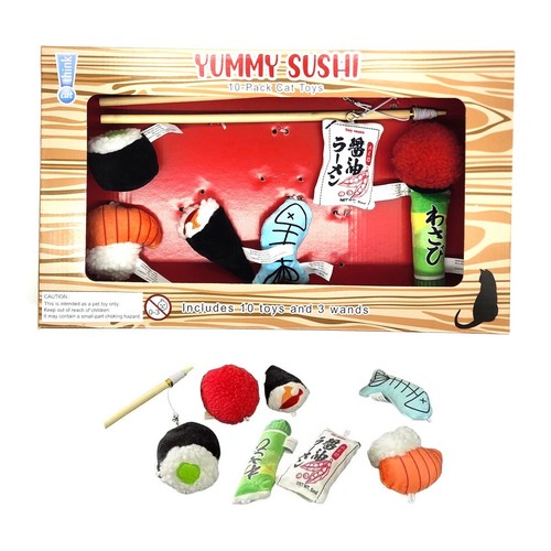 Yummy Sushi Catnip Toys 7 Piece Set with 2 Wands for Cats Soft Toy Playtime Fun