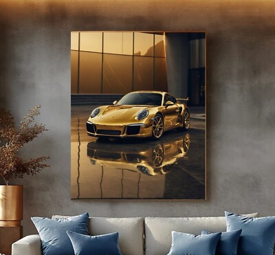 XXL LEINWAND BILDER BIS 130x100x5 GOLDENER PORSCHE AUTO WANDBILD MODERN LOFT