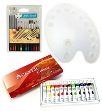 Painting Starter Kit 12 Color Acrylic Paints, 15 Brushes with Painters Palette