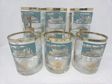 Lot of 6 Libby Southern Comfort Steamboat in Aqua & MCM 4 1/2" Highball Glasses