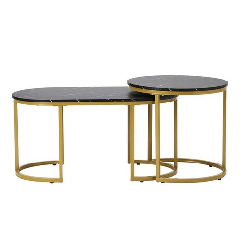 Nesting Coffee Table Set of 2 Marble Effect Gold Black - Picture 3 of 7