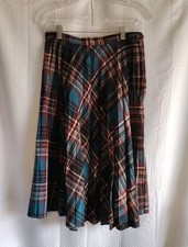 VTG Campus Casual Wool Blend Pleated Side Zip Plaid Skirt Midi Turquoise Red BLK