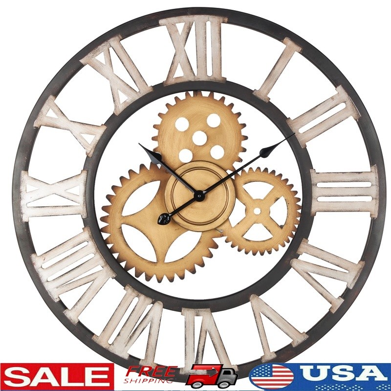 30 Inch Brown Metal Gear Wall Clock Industrial Home Decor Quartz Silent New