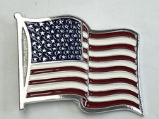 Metal Belt Buckle American Flag Waving Stamped 2155 Patriotic 2.5" x 3" Silver