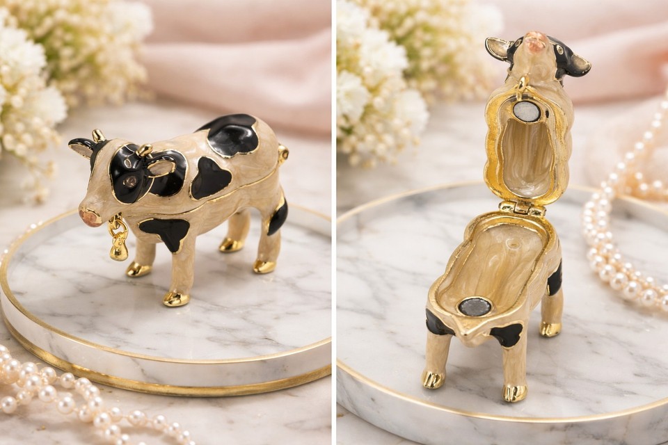 A gold-tone enamel Monet-branded cow hinged figurine box — whimsical, well-made, and the kind of vintage find that stops people mid-sentence.