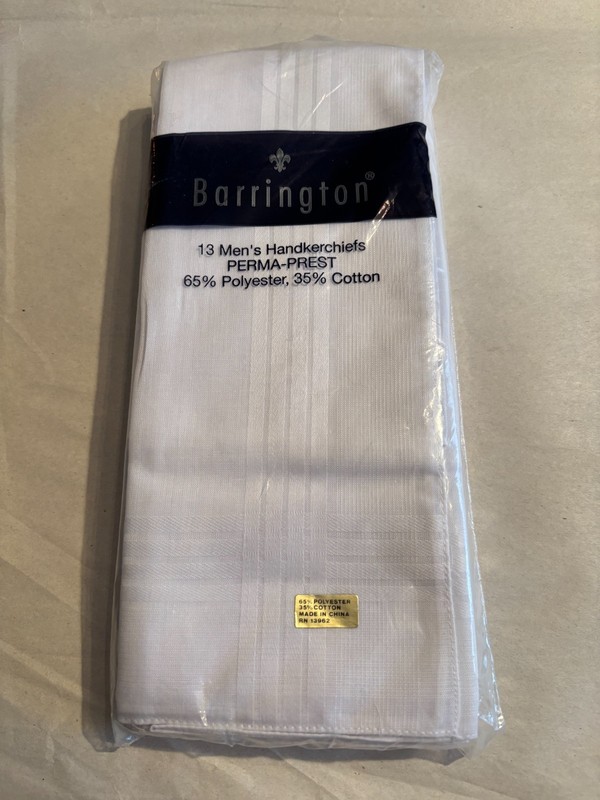 Mens Handkerchiefs Barrington White Cotton blend Package of 13 New w/ tags