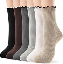 6 Pairs Ruffle Socks for Women Soft Cotton Frilly Crew Brown Lace Socks with Ruf