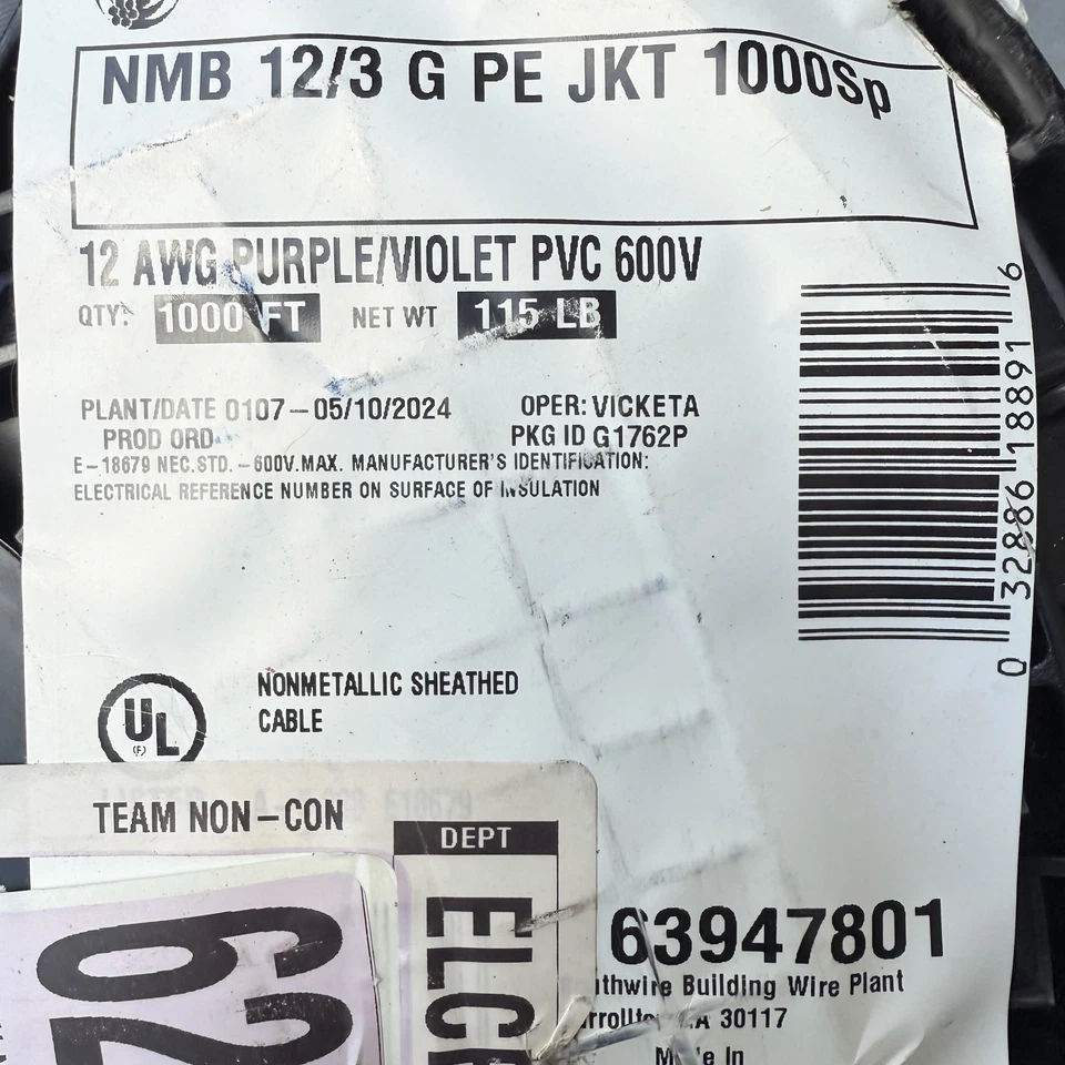 Chaqueta Southwire 63947801 Romex SIMpull NM-B Cable Púrpura 12-3 AWG 600V 1000 ft Foto 2 de 4