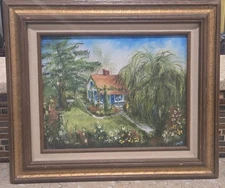 Vintage Beautiful Oil Painting 1950s Signed Country Cottage Landscape  19 X 16