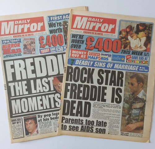 FREDDIE MERCURY - The Last Moments & Rock Star Dead - 2 x UK NEWSPAPERS Nov 91