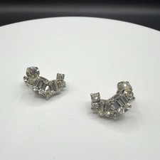 Clear Rhinestone Clip On Earrings Silver Tone Cluster Emerald Round Cut Costume