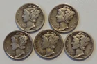 Mercury Dimes 1944 Denver Mint Lot of 5 Silver Circulated Coins